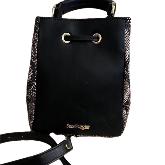 Sara Burglar Handbags - Sara Burglar Ariel Snake Skin Italian Leather Black Bucket Bag NWOT